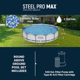 Bestway Steel Pro MAX 14' x 33" Round Above Ground Swimming Pool Set, 530 GPH Filter Pump, Tritech Puncture Resistant Liner, ClickConnect Steel Frame, Gray