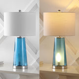 26" Modern Minimalist Glass/Iron Nightlight LED Table Lamp, Chrome/Clear Blue (Set of 2), for Living Room, Bedroom, Dining Room JONATHAN Y