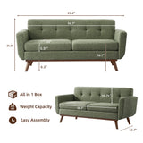 Kingfun 65.2" W Loveseat Sofa, Mid Century Modern Decor Love Seat Couches for Living Room, Button Tufted Upholstered Furniture, Solid & Easy to Install Small Couch for Bedroom Office Apartment, Green