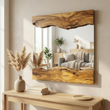 Olive Wood Mirror - Handmade Live Edge Solid Wood Wall Decor for Rustic Bathroom, Entryway or Bedroom - Unique Natural Grain Artisan Mirror - Square 20x20