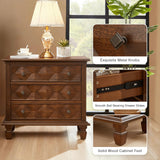 LVHOM Traditional Geometric Textured Nightstand, 3 Drawer Solid Wood Bedside Table with Carved Front Panels, Rustic End Table for Bedroom Living Room, Set of 2, Walnut