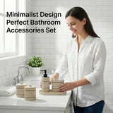 Bathroom Accessory Set, 6 Piece Bathroom Essentials Sets Accessories, Soap Dispenser Set, Toothbrush Holder, Vanity Tray, Tumbler, Cotton Swab Jars, Decor Organizer for Modern Bathrooms(Beige)