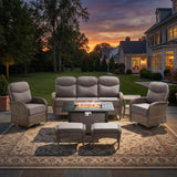 moosprr Luxury Patio Furniture Set with Fire Pit Table, Outdoor Furniture Set with High Back Swivel Chairs & 6-inch Thick Cushions, 7 PCS Fire Pit Patio Set for Yard, Deck, Poolside, Brown/Grey