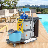 Commercial Janitorial Cart with 2 Cabinet, Cleaning Cart On Wheels, Housekeeping Caddy with Cover, Shelves Towallmark