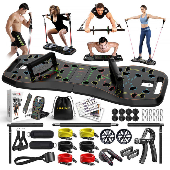 LALAHIGH Portable Home Gym System: Large Compact Push Up Board, Pilates Bar & 20 Fitness Accessories with Resistance Bands Ab Roller Wheel - Full Body Workout for Men and Women, Gift for Boyfriend LALAHIGH