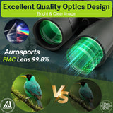 15x56 Binoculars for Adults High Powered - Aurosports HD Large View Binoculars with Clear Low Light Vision - Lightweight Easy Focus Binoculars Bird Watching Hunting Hiking Cruise Travel - Green Aurosports
