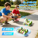 Zalneo Remote Control Car – 4WD 360° Flip Double‑Sided RC Stunt Car LED Light Bar & USB‑C Modular Battery, Off‑Road Toys for Boys Ages 6‑12, Birthday Gift, Black‑Green