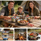 Ipretti Portable 18/8 Stainless Steel Camping Cookware Set 11 Pcs - Nesting Design, Large Capacity Pots and pan with Kettle, Compact for Picnic & Family Outdoor Cooking (4-8 People) with Carry Bag