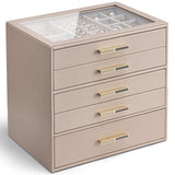 VLANDO 5 Layer Jewelry Box for Women, Glass Lid Jewelry Organizer with 5 Drawers for Necklaces Rings Earrings Bracelets - Toffee