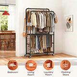 ZHKINGGS Clothes Racks for Hanging Clothes, Rolling Clothing Rack with Pants Rack, Side Hooks & Shoe Shelf, Portable Garment Rack for Bedroom, Laundry Room, Clothing Store, Closet, Black