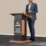 Customizable Logo & Text Podium Stand,Wood Lectern with Lockable Wheels,15MM Particle Board,Church Pulpit with Storage, Mic Stand Space,Wooden Podium for Seminars and Schools (Customized B)