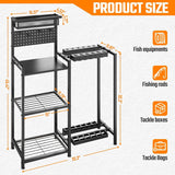 Fishing Rod Holders for Garage, Fishing Pole Rack with 3 Tier shelf, Heavy Duty Fishing Pole Holders with Pegboard and Basket, Freestanding Fishing Rod Rack Hold up to 12 Fishing Rods, Black