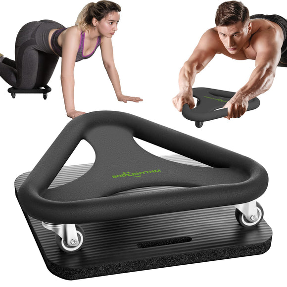 BODY RHYTHM Abdominal & Core Coaster Strength Workout Trainer, Ab Wheel Roller Exercise Machine with Knee Mat for Home Gym Workout Fitness. (Black) BODY RHYTHM