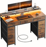47 inch Computer Desk with 8 Storage Drawers, Gaming Desk with LED Lights & USB Power Outlets