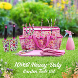 Housolution Gardening Tools Set, 10 PCS Stainless Steel Heavy-Duty with Non-slip Soft Rubber Handle with Large Garden Bag, Pink