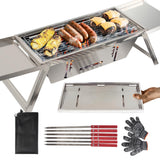 Portable Charcoal Grill with 6 Skewers - Stainless Steel Foldaway Grill for Camping, BBQ, Tailgating, Picnics Griddle Buddy