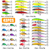 LUREBITE 43PCS Bass Fishing Lures Kit Set Topwater Hard Baits Minnow Crankbait Pencil VIB Swimbait for Bass Pike Fit Saltwater and Freshwater