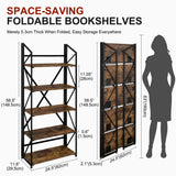 WOTMO 5 Tier Folding Bookshelf, No Assembly Foldable Storage Shelves, Brown