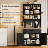 IRONCK Bakers Rack Microwave Stand with Customizable Pegboard and Storage, 71" Farmhouse Coffee Bar Cabinet with Drawer, Barn Doors, Adjustable Shelves for Kitchen, Dining Room, Living Room, Black