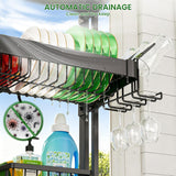 Over The Sink Dish Drying Rack, Adjustable 3 Tier Large Capacity Stainless Steel Drainer with Cutlery/Utensil/Cup Holder Hooks, Kitchen Storage & Organization, 25"-38" L x 11" W x 37.5" H, Black