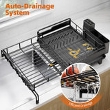 Urackify Dish Drying Rack - Extendable Dish Drainer, Large Dish Rack for Kitchen Counter, Rustproof Dish Strainer with Utensil Holder and Cups Holder, 1 Tier Black