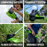 Greenworks 48V (2 x 24V) 15" Cordless String Trimmer, (2) 2.0Ah Batteries and Dual Port Charger Included