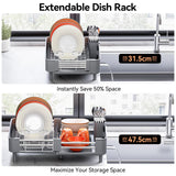 Urackify Stainless Steel Dish Drying Rack - Dish Drainer for Kitchen Counter, Extendable Drainboard with Foldable, Space-Saving Cup & Bowl Organizer, Includes Knife and Utensil Holder, Gray