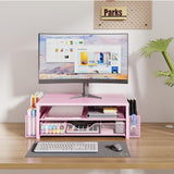 OPNICE Desk Organizer and Accessories, 2-Tier Computer Monitor Stand Riser with Drawer and 2 Pen Holders, Laptop Stand, Office Desk Accessories for Office Supplies, Pink