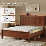Uteeran King Size Bed Frame with Tall Headboard, Mid Century Modern Wood Platform Bed with Charging Ports and LED Lights, Solid Wood Slat Support, No Box Spring Needed, Easy Assembly, Warm Brown