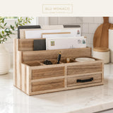 BLU MONACO | Natural Wood Mail Organizer with Drawer & Pen Holder | Rustic Desk Organizer for Bills, Letters & Countertop Storage | Wooden Desktop Mail Sorter for Home & Kitchen