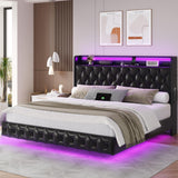 Keyluv Full Floating Bed Frame with LED Lights & Charging Station, Upholstered PU Leather Platform Bed with Button Tufted Storage Headboard, No Box Spring Needed, Noise-Free, Easy Assembly, Black