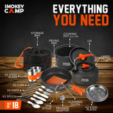 18 Pcs Smokey Camp Backpacking Cooking Set with Stove & Adapter - Pot, Pan, Kettle, Stove, Cutlery, Compact Camping Cookware Mess Kit, All in One Non-Stick Camping Cooking Set, Hiking, Picnic