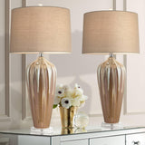 Possini Euro Design Loren 28 1/4" Tall Modern End Table Lamps Set of 2 Ivory Handcrafted Brown Ceramic Living Room Bedroom Bedside Nightstand House Office Home Reading Kitchen Entryway Console