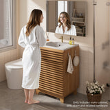 VNN 24 Inch Bathroom Vanity with Ceramic Sink - Freestanding Storage Cabinet with Fluted Design, Soft-Close Doors and Shelves, Compact Modern Storage for Small Bathrooms/Powder Rooms, Natural Oak