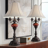 Barnes and Ivy Rhys 34" Tall Large Traditional End 3-Way Table Lamps Set of 2 Bronze Finish Metal Tortoise Shell Glass Off-White Shade Living Room Bedroom Bedside Nightstand House Office Home