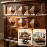 LVHOM Traditional Geometric Textured Nightstand, 3 Drawer Solid Wood Bedside Table with Carved Front Panels, Rustic End Table for Bedroom Living Room, Set of 2, Walnut