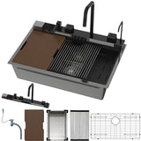 33x22 Inch Drop In Workstation Kitchen Sink - Multifunction 16 Gauge Stainless Steel Kitchen Sinks, Smart Digital Display Waterfall Chef Sinks with Pull-down Faucet & Multiple Accessories