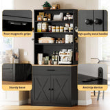 IRONCK Bakers Rack Microwave Stand with Customizable Pegboard and Storage, 71" Farmhouse Coffee Bar Cabinet with Drawer, Barn Doors, Adjustable Shelves for Kitchen, Dining Room, Living Room, Black