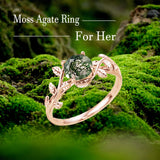 Oseew Natural Moss Agate Ring for Women 10K/14K/18K Solid Gold/Sterling Silve Round Cut Green Moss Agate Engagement Ring Personalized Wedding Promise Ring for Women(Rose Gold)