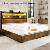 BRELTAM King Storage Bed Frame with 6 Drawers, USB Charging Station, No Noise, No Box Spring Required, Vintage Brown Headboard Platform Bed
