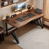 Modern Solid Wood Computer Desk, 55" Farmhouse Style Home Office Workstation, Metal Frame PC & Gaming Table for Study, Writing, Dining - Light Walnut Finish
