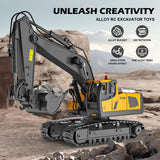 ADTHLIER Remote Control Excavator (11-Channel), Dump Truck, Bulldozer, Loader (9-Channel), 2.4GHz Remote Control Construction Vehicles, Metal Construction, with Cool Lights and Sound Effects, 4-Pcs