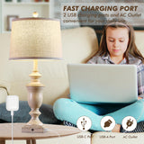 SAIWEYA 27.5" Set of 2 Farmhouse Table Lamps for Bedroom, 3 Way Dimmable Bedside Lamp with 2 USB +AC Outlet Nightstand Lamps for Living Room Resin Rustic Touch Lamps