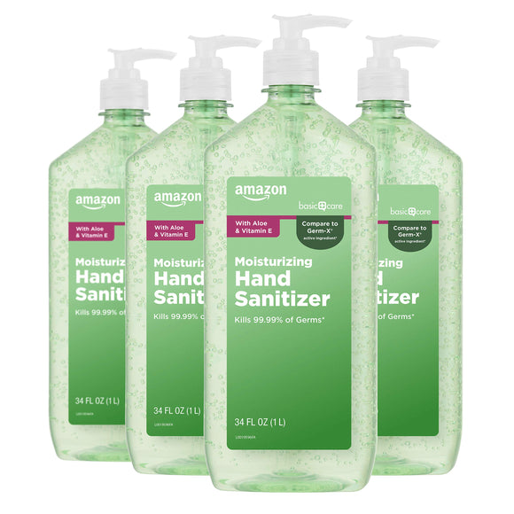 Amazon Basic Care - Aloe Vera Hand Sanitizer 62%, 34 fl oz (Pack of 4) Amazon Basic Care