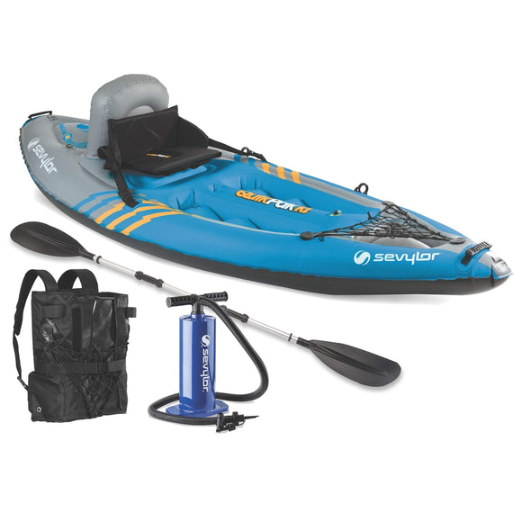 Sevylor QuickPak K1 1-Person Inflatable Kayak, Kayak Folds into Backpack with 5-Minute Setup, 21-Gauge PVC Construction; Hand Pump & Paddle Included Sevylor
