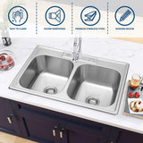 Kitsitchen 33x22 Drop in Kitchen Sink, 33 Inch 304S Stainless Steel Double Bowl Kitchen Sinks with 50/50 Design and Two Strainer, 33" X 22"X 9" Large and Deep Top Mount Kitchen Sinks with 3 holes