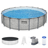 Bestway Steel Pro MAX 18' x 48" Above Ground Pool, Round Metal Frame Outdoor Swimming Pool Set with Filter Pump, Ladder, and Cover, Stack Stone