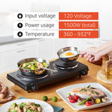 Countertop Double Cast Iron Burner, 1500 Watts Electric Hot Plate, Temperature Controls, Power Indicator Lights, Easy to Clean, Black Elite Gourmet