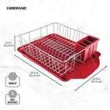 Classic Large Rust Resistant Full Dishrack with Removable 3 Compartment Flatware Caddy, Andlged Drain Board, 3-Piece, Red Farberware