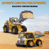ADTHLIER Remote Control Excavator (11-Channel), Dump Truck, Bulldozer, Loader (9-Channel), 2.4GHz Remote Control Construction Vehicles, Metal Construction, with Cool Lights and Sound Effects, 4-Pcs